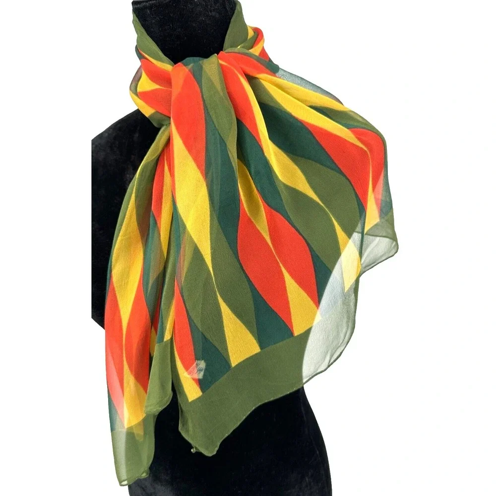 Sally Gee Rectangular Olive Green‎ Retro Geometric Rolled Hem Scarf Japan